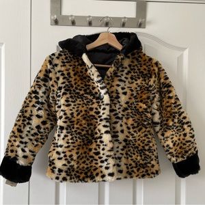 NWT JCPenny Girls Faux Fur Leopard Hooded Jacket Size M
